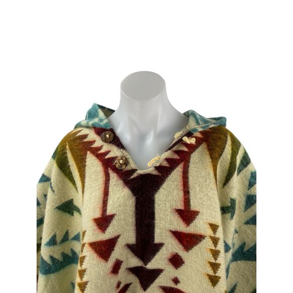 Runa Arts 100% Wool Multicolor Aztec Tribal Hoodie Hooded Fringe Poncho Sweater - Picture 2 of 4